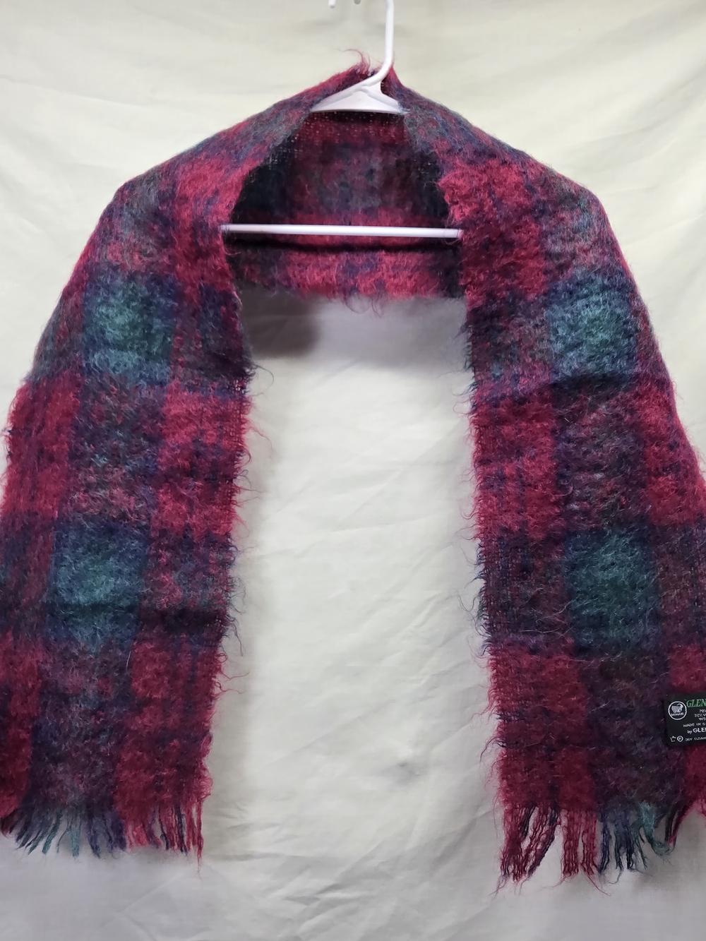 Glenn Tarf Made In Scotland Cozy Plaid Mohair Blend Scarf in Berry and Teal
